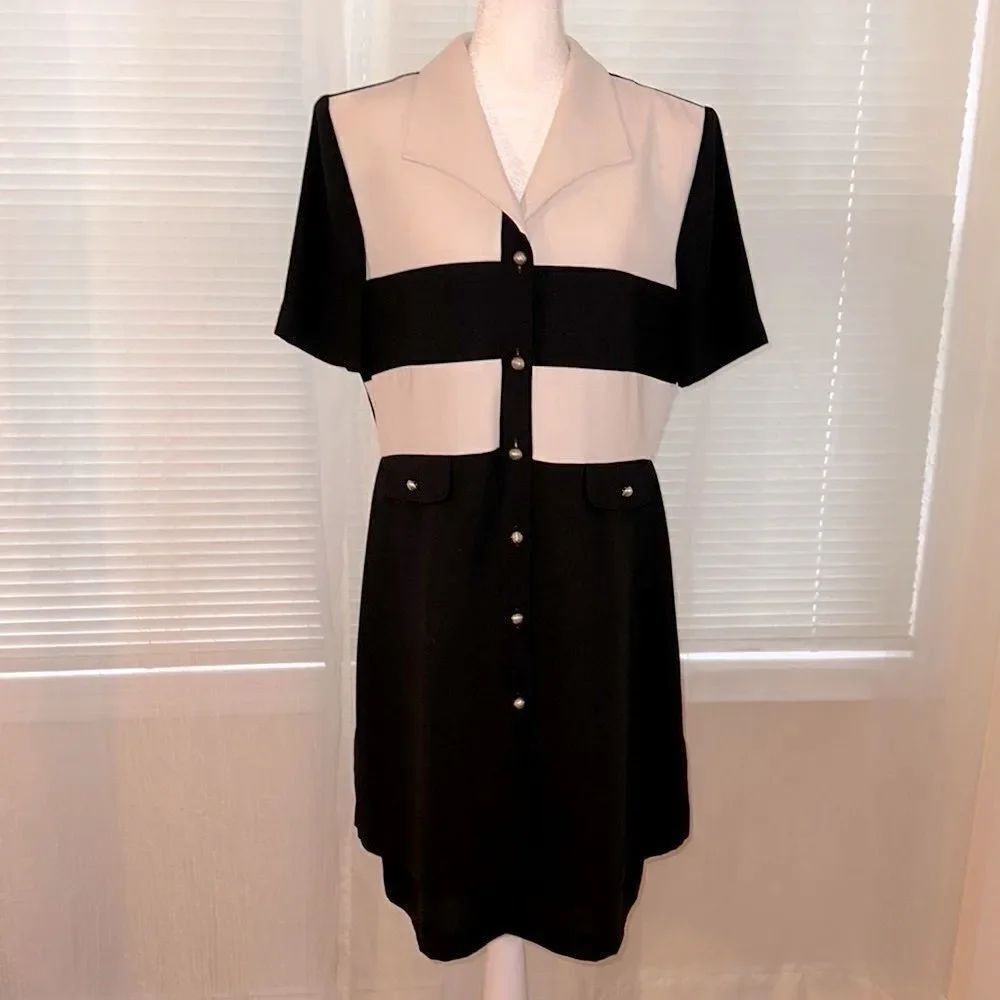 Vintage Treasure! L Black & White Mock Jacket Short Sleeve Collared Dress